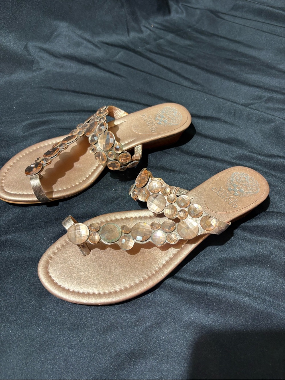 Vince Camuto Metallic Rose Gold Jeweled Thong Sandals